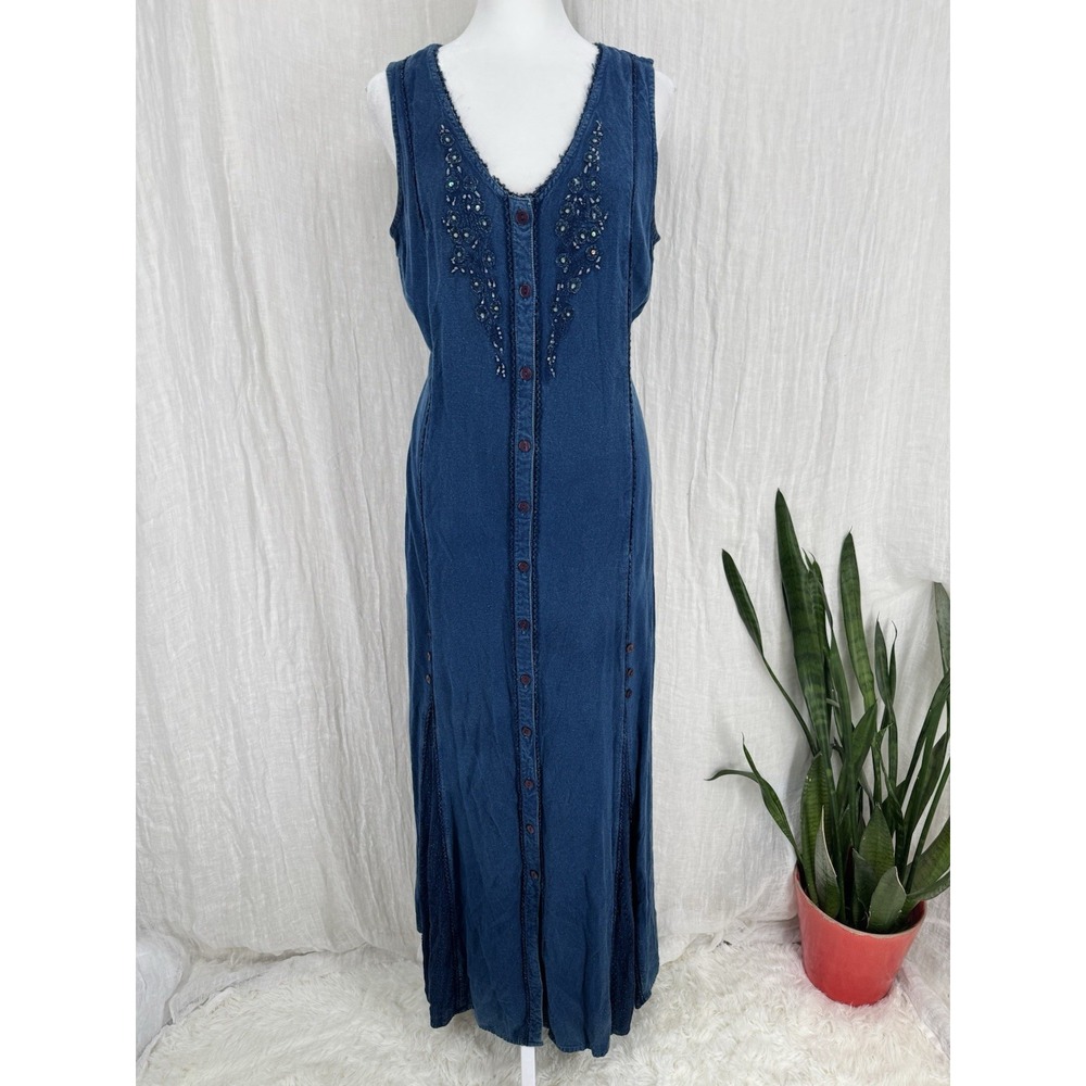 Womens Cottage Boho Maxi Jumper Dress M Teacher Prairie Coastal Grandma 90s Blue